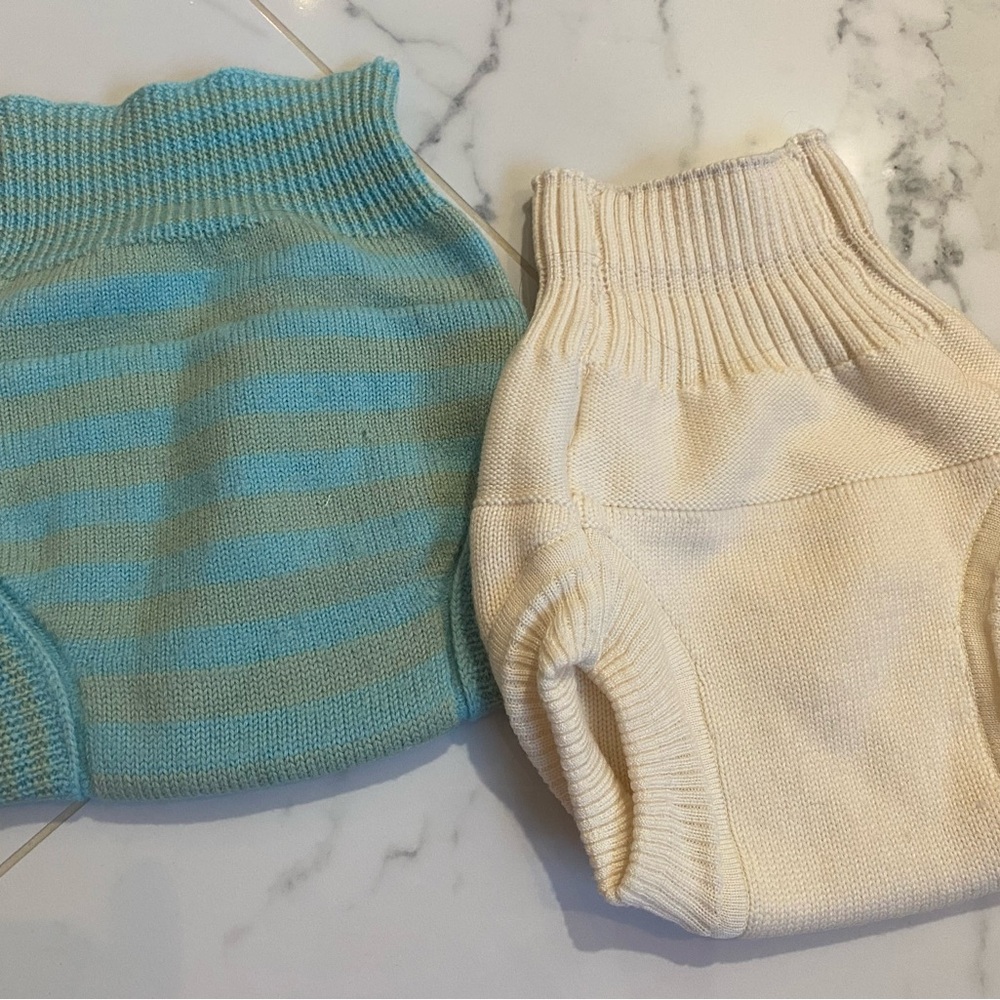 100% Wool and merino Knit Diaper Cover - Aqua Stripe & Cream